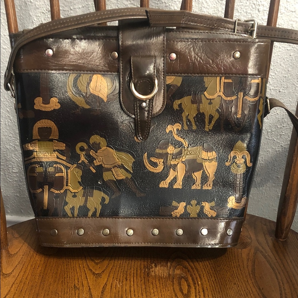 Vintage Brown & Black Leather Elephant Motif Shoulder Bag